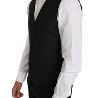 Black Solid Wool Silk Waistcoat Vest