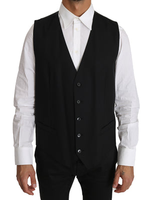 Black Solid Wool Stretch Waistcoat Vest