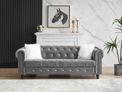 Grey Velvet Three-Seat Roll Arm Chesterfield Classic Sofa