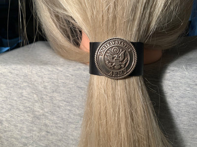 Army Logo Concho on Black Leather Hair Tie