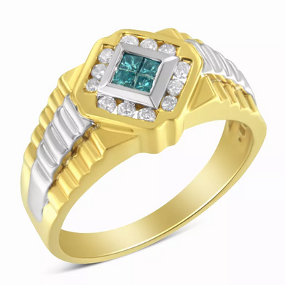 Blue Princess-Cut Diamond 14kt Gold Men's Signet Ring Sz 10