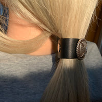 Celtic Cross Concho on Black Leather Hair Tie