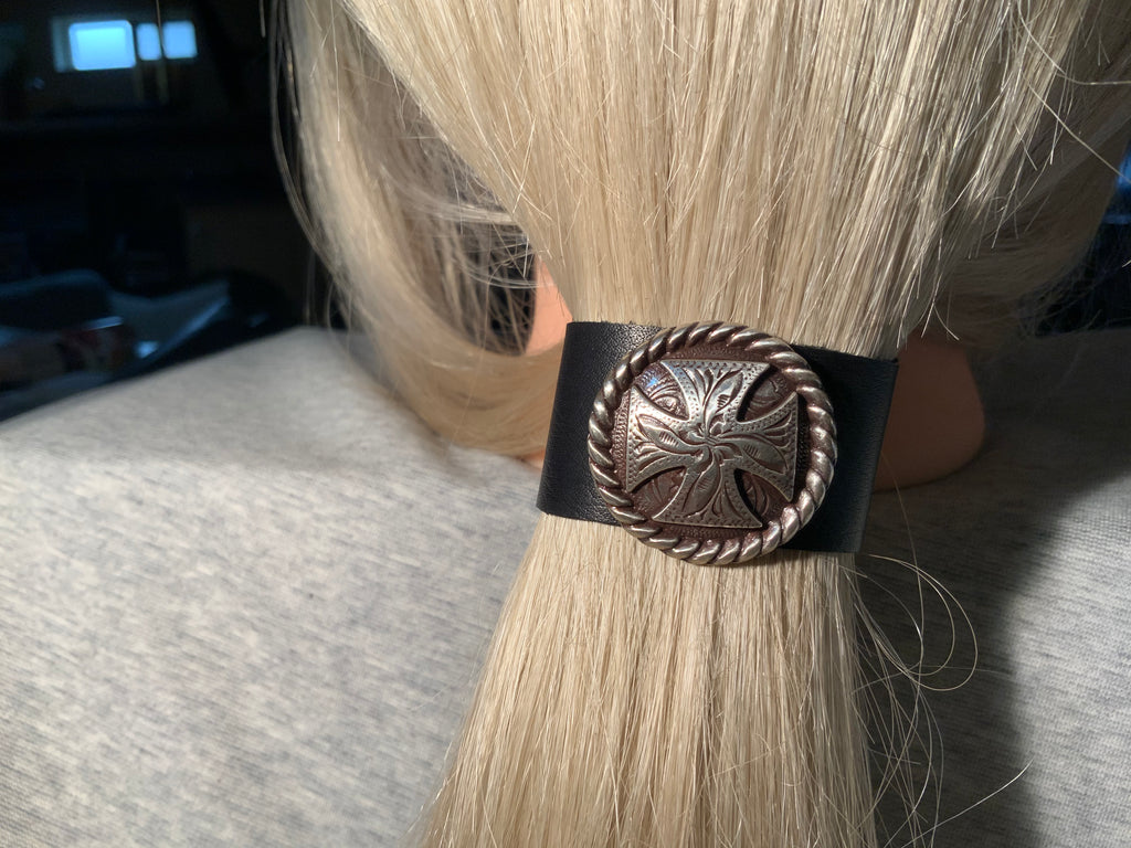 Celtic Cross Concho on Black Leather Hair Tie