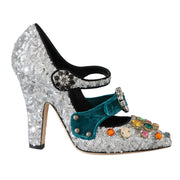 Silver Sequined Crystal Mary Janes Pumps