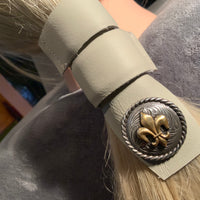 Fleur-de-lis Concho on Black Leather Hair Wrap Tie, or in Brown Grey Leather