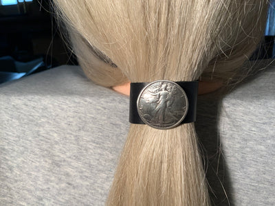 Liberty Coin Concho on Black Leather Hair Tie