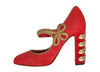 Red Suede Gold Studs Mary Janes Shoes