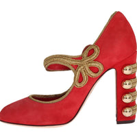 Red Suede Gold Studs Mary Janes Shoes