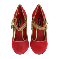 Red Suede Gold Studs Mary Janes Shoes
