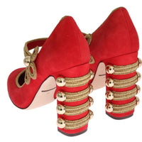 Red Suede Gold Studs Mary Janes Shoes