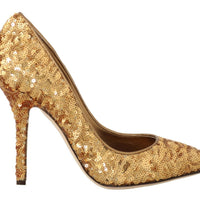 Gold Sequined Leather Pumps Shoes