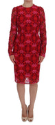 Red Floral Ricamo Sheath Long Sleeve Dress