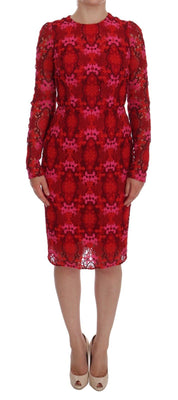 Red Floral Ricamo Sheath Long Sleeve Dress