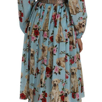Blue Silk Labrador Dog Roses Print Dress