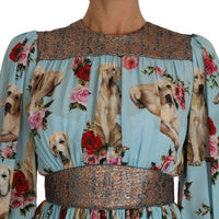 Blue Silk Labrador Dog Roses Print Dress