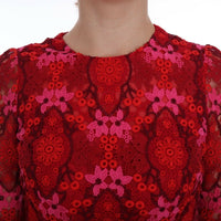 Red Floral Ricamo Sheath Long Sleeve Dress