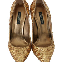 Gold Sequined Leather Pumps Shoes