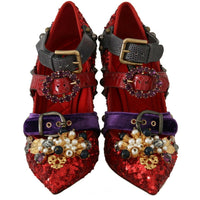Red Sequined Crystal Studs Heels Shoes