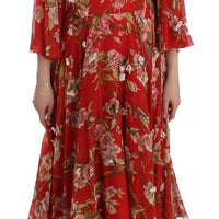Red Floral Print Silk Maxi Runway Dress