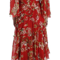 Red Floral Print Silk Maxi Runway Dress