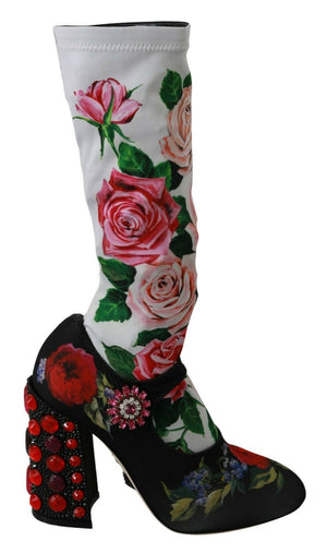 Black Floral Crystal Sock Boots Shoes