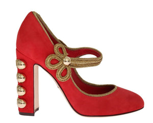 Red Suede Gold Studs Mary Janes Shoes