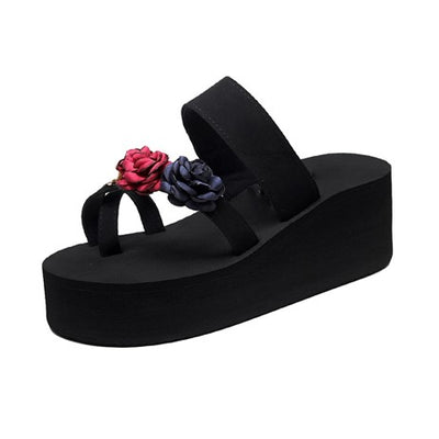 Black Wedge Flip Flop Sandals with Organza Flowers
