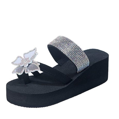 Black Wedge Flip Flop Sandals with Butterfly & Rhinestones