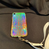 Bling Iridescent Silver Squares iPhone Silicone Case with Lanyard