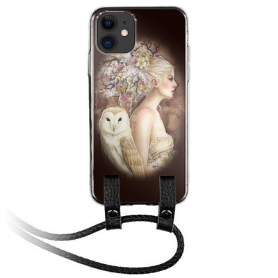 White Owl and Girl iPhone Silicone Case with Leather Lanyard
