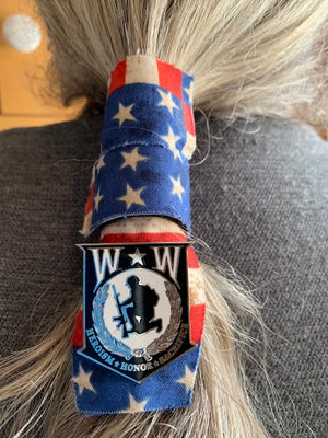Wounded Warrior Pin on Patriotic Fabric Hair Wrap Tie, by Hair Tie Rebel